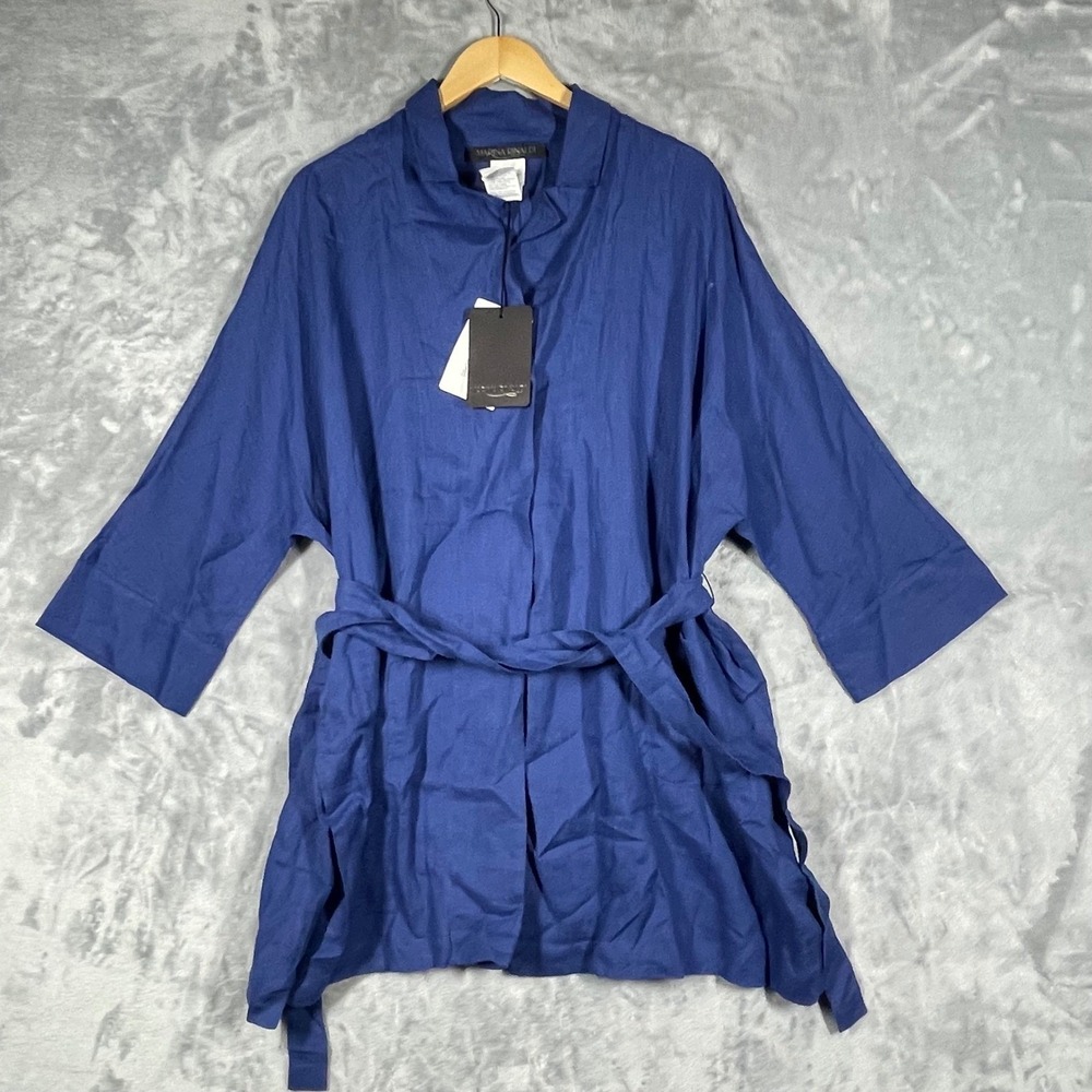 Marina Rinaldi Fiaccola Deep Blue Linen Belted Jacket Blouse Size 16 NWT $535